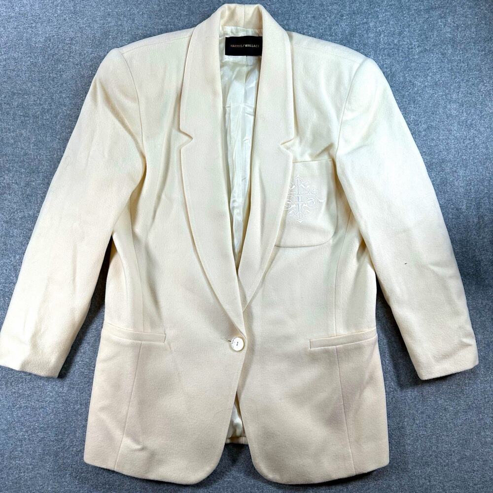 Vintage 90s Harris Wallace Ivory Wool Blazer Crest Longline Made USA Oversized